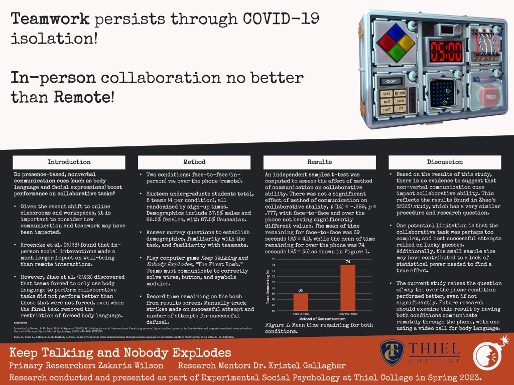 A poster presenting an experiment on remote vs in-person collaboration.